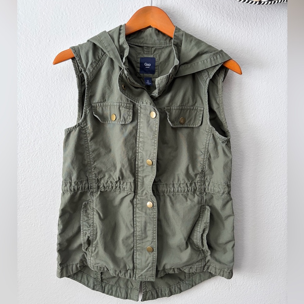 GAP Olive Green Tweed Hooded Utility Cargo Vest Women’s Small